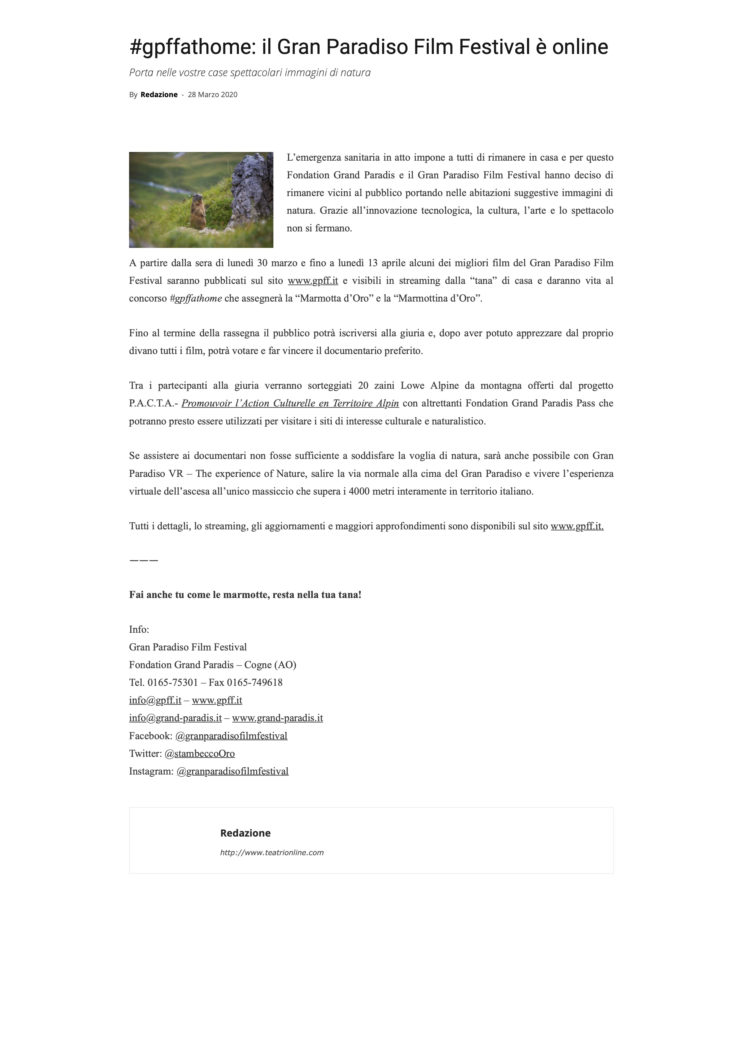 gpff gpffathome gran paradiso cogne film festival documentari natura